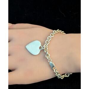 Sterling Silver Rolo Chain Link Heart Charm 7.5" Bracelet